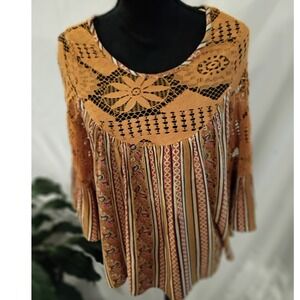 Womens Boho Crochet Lace Stripe Paisley Bell Sleeve Blouse Mustard